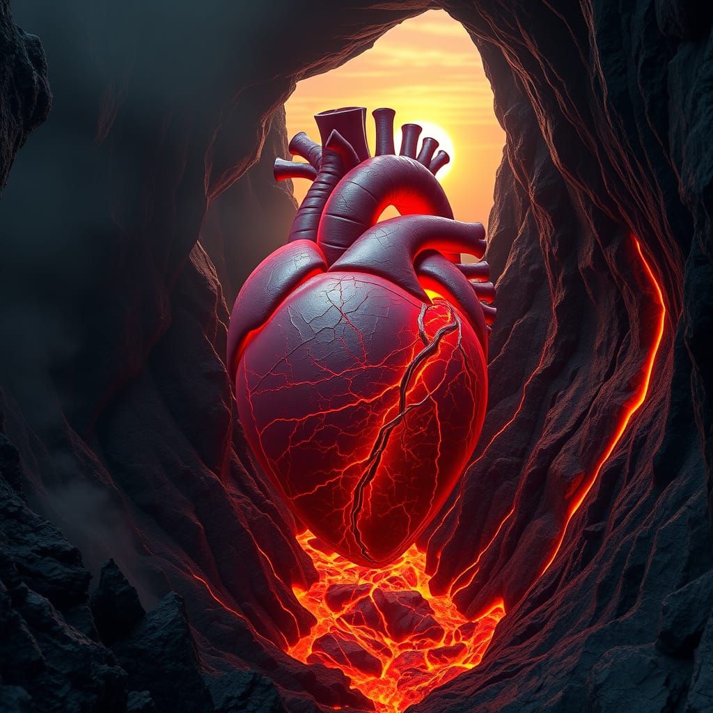 Pulsating Heart in Volcano Crater: Hyper-Realistic 3D Art
