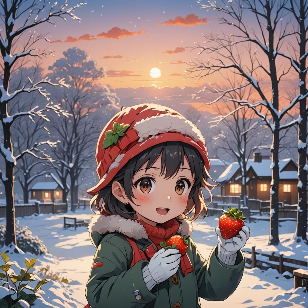 Anime Style Child Eating Strawberry at Sunset