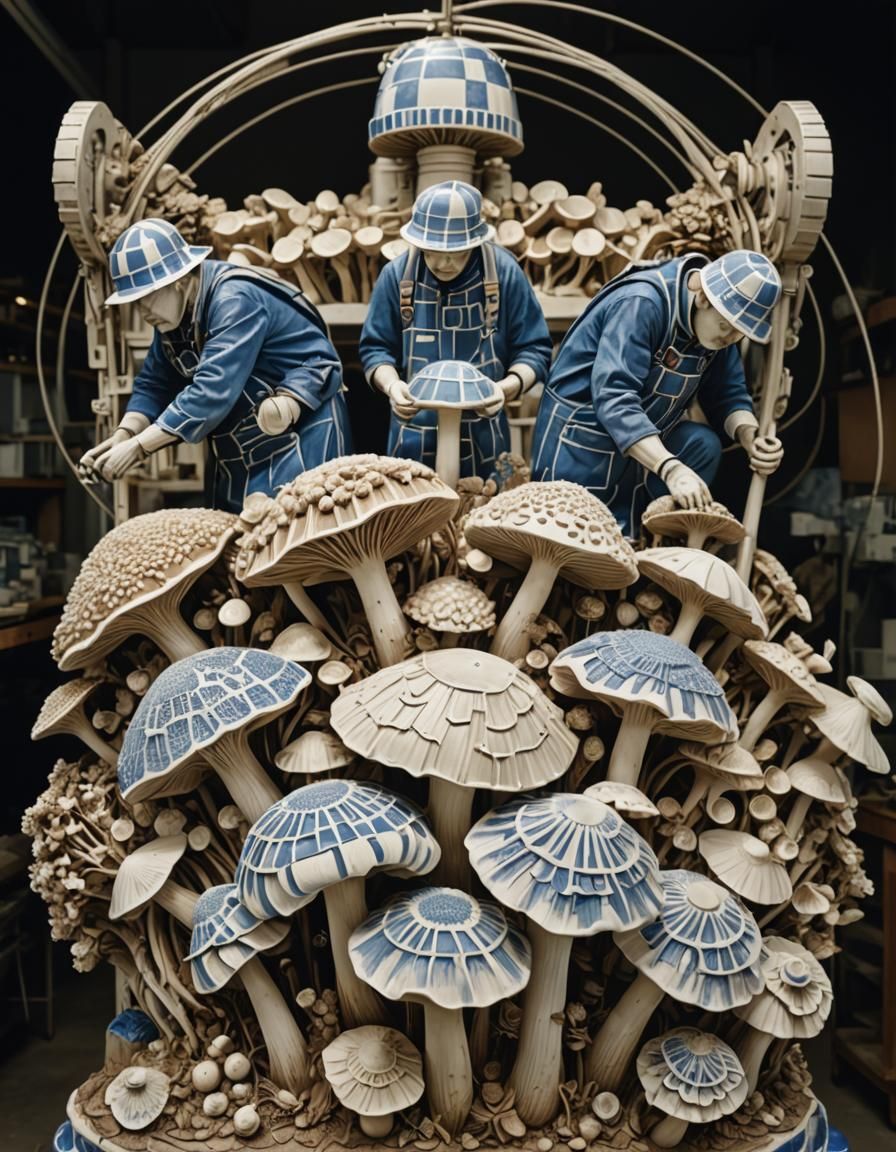 Blue and White Mushroomscape in Linocut Style