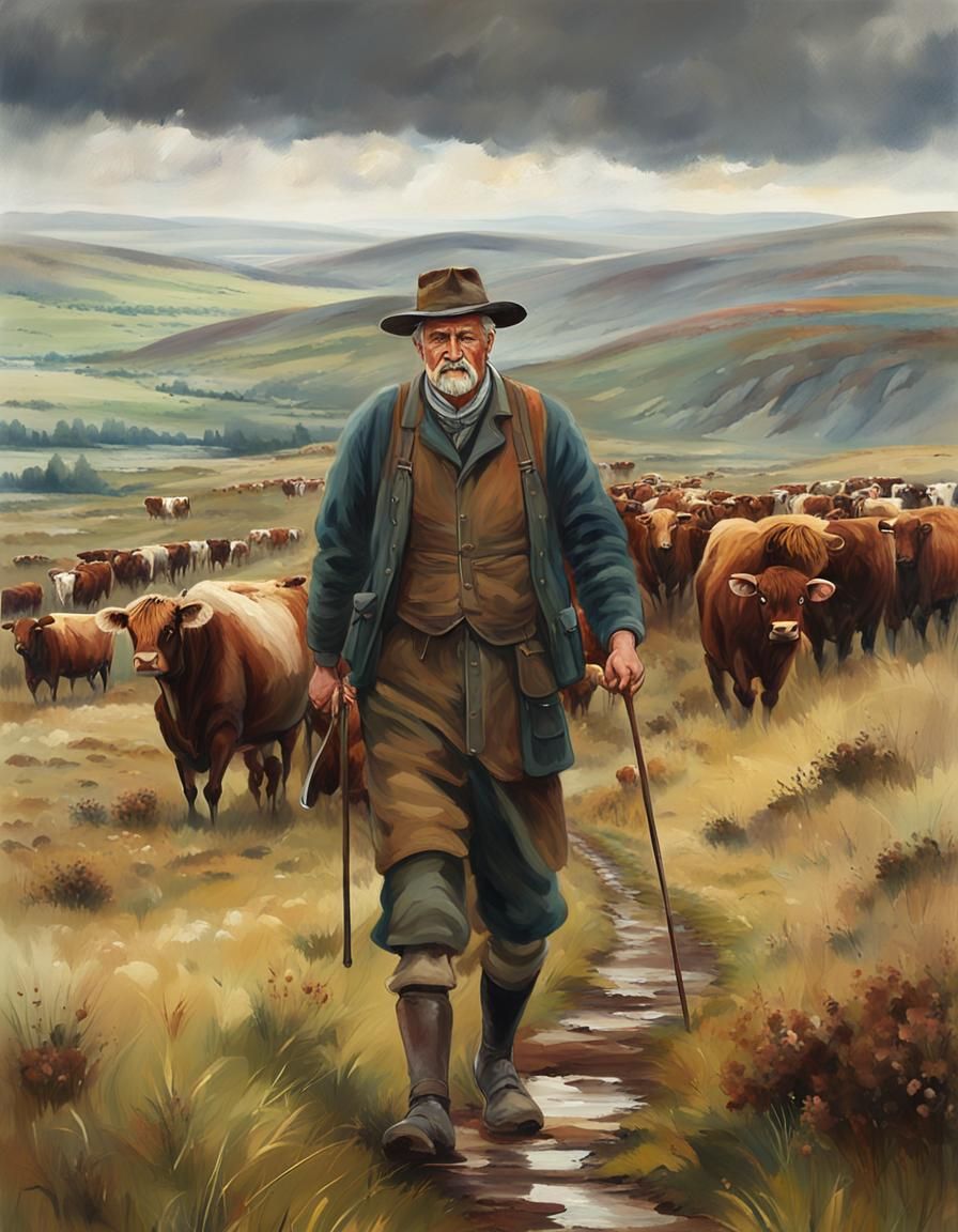 Impressionistic Cattle Drovers on Scottish Moorland