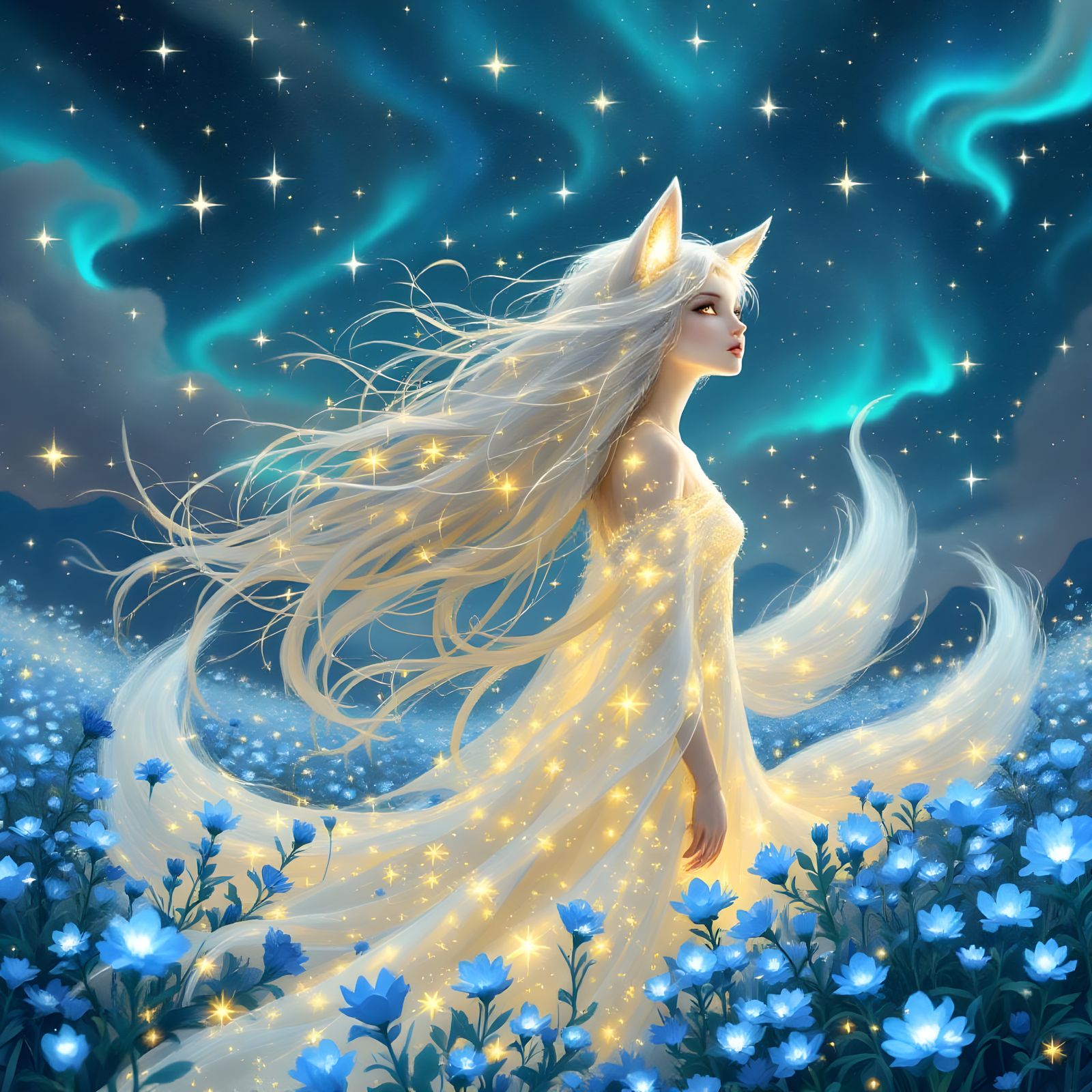 Celestial Kitsune Maiden in Art Nouveau Style