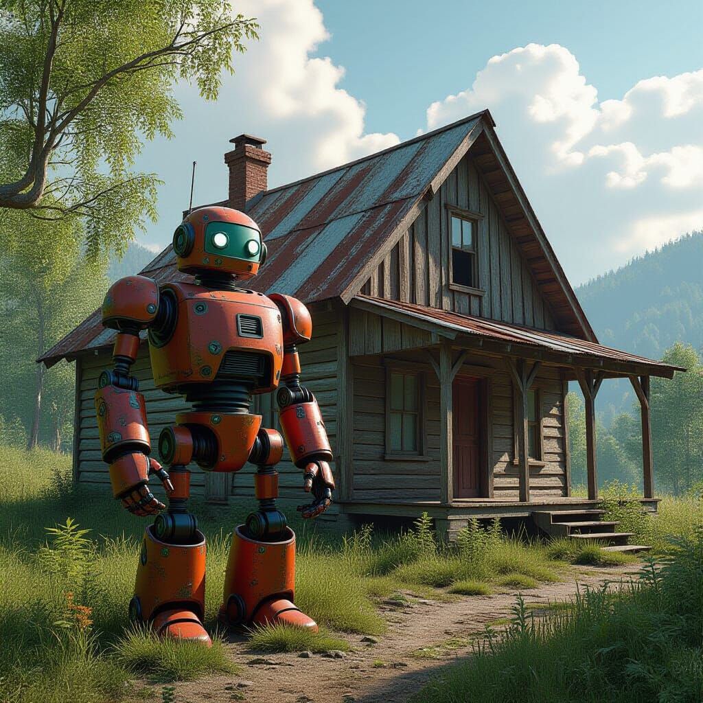 Rusty Robot Beside Country Cabin in Fantasy Concept Art Styl...