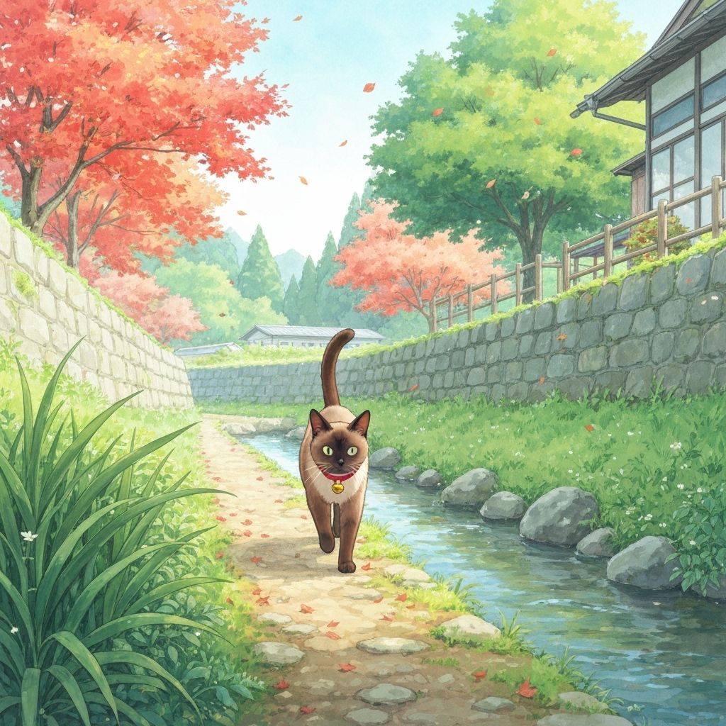 Siamese Cat by Serene Japanese Creek in Autumn Watercolor St...