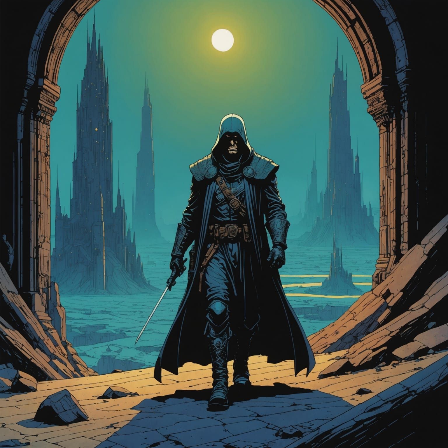 Grimdark Landscape in Moebius Style