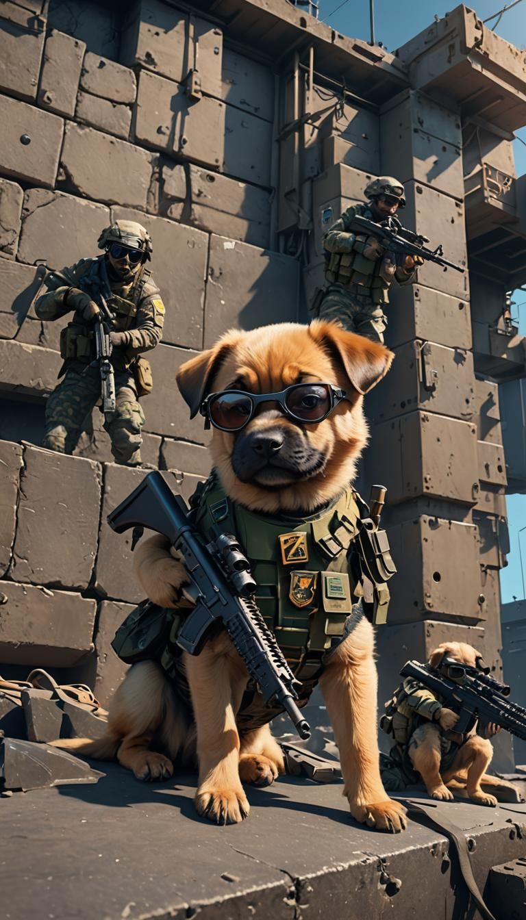 Puppy Soldiers on Aircraft Carrier Deck in Digital Art
