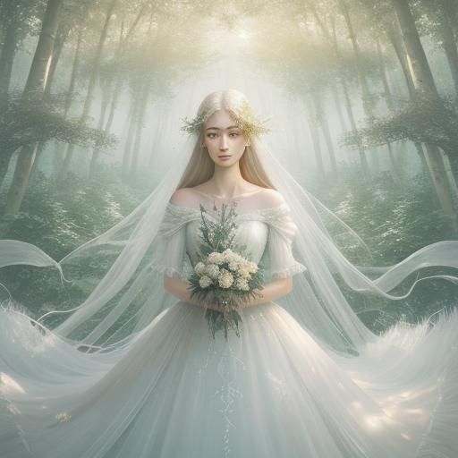 Ethereal Woman in White Dress in Surreal Forest