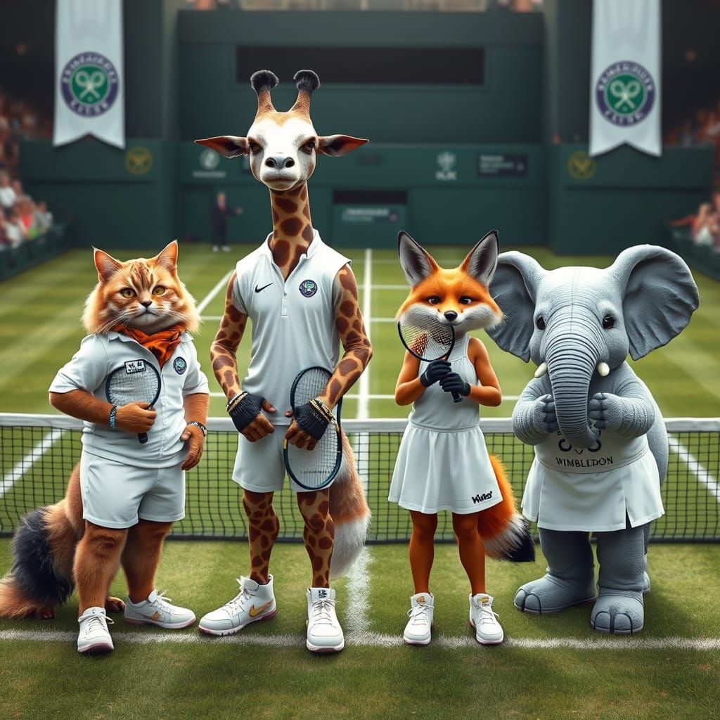 Wimbledon Animals in Snow-White Tennis Outfits, Hyperrealist...