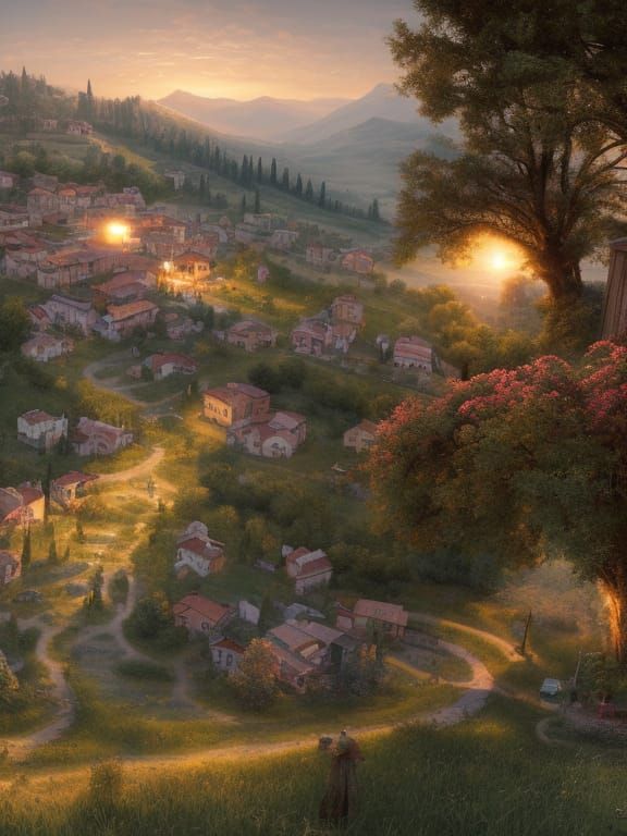 Italian Hillside Town at Sunrise: Digital Art