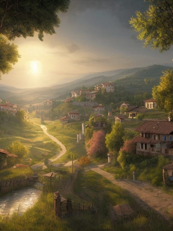 Italian Hillside Town at Sunrise: Hyper-Realistic Digital Ar...