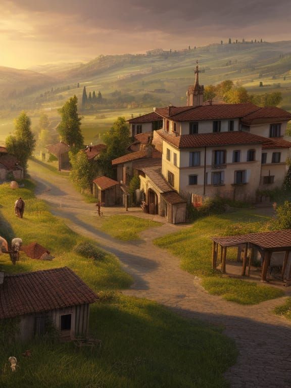 Italian Hillside Town at Sunrise in Digital Art