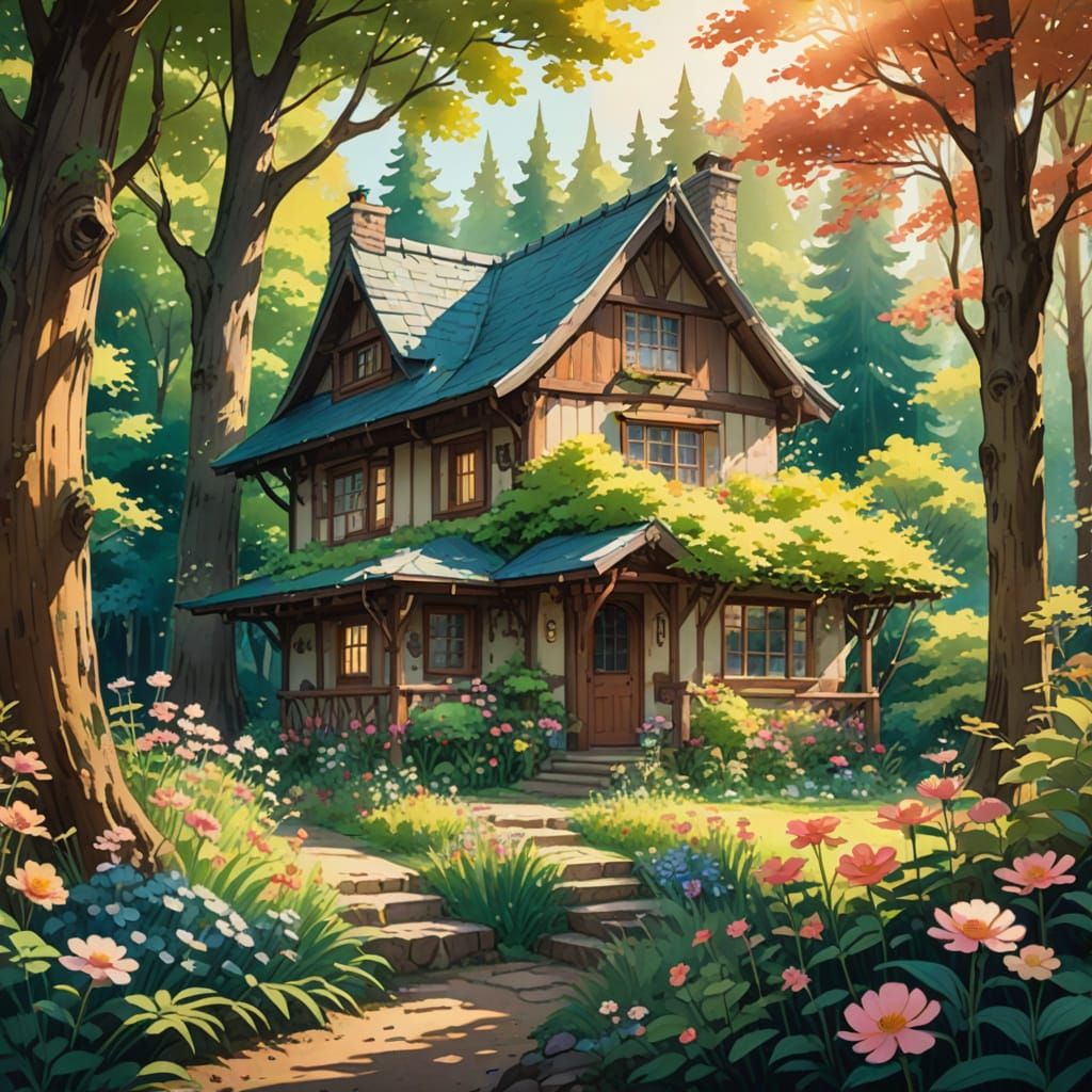 Whimsical Watercolor Anime Cottage in the Woods