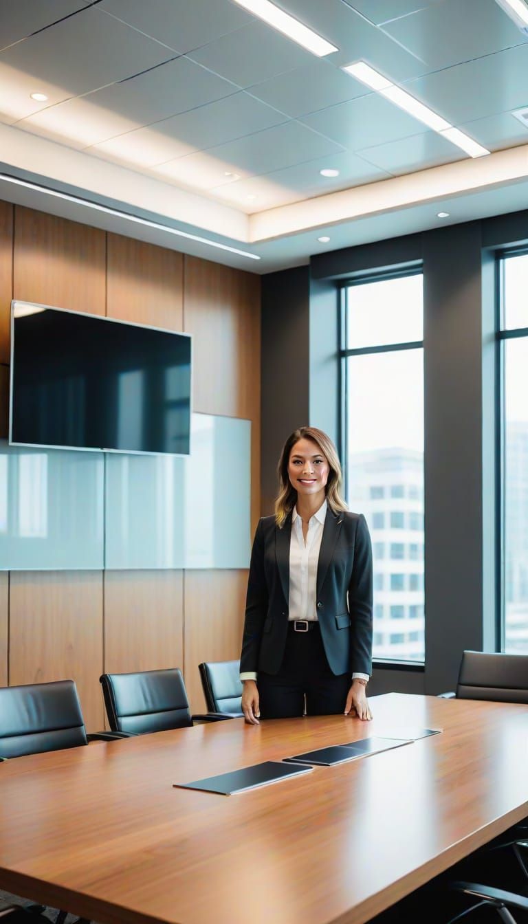 Women in Corporate Attire Pose in Modern Meeting Room