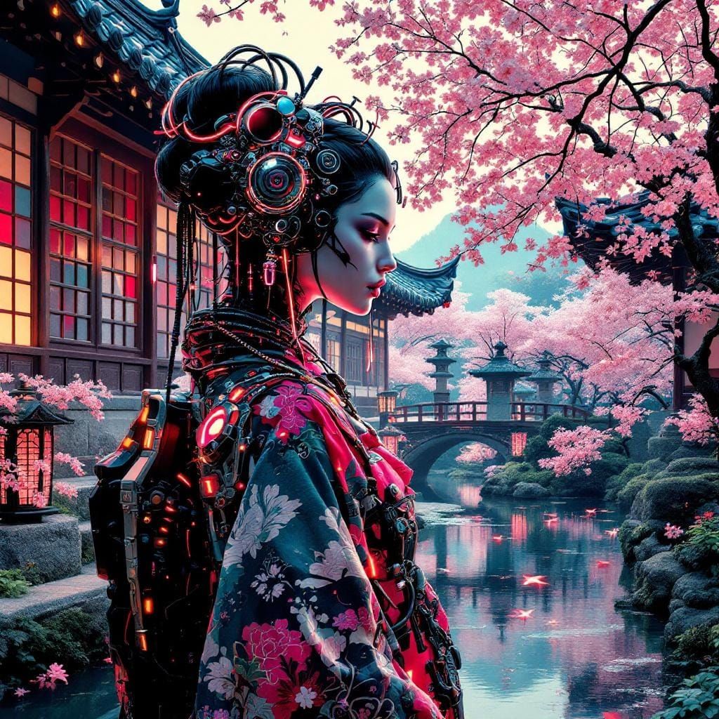 Cyberpunk Geisha in Ukiyo-e Style Garden