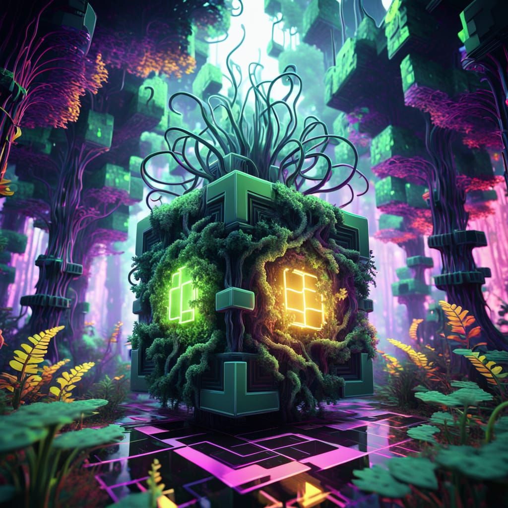 Surreal Plant Creature in a Cube Forest