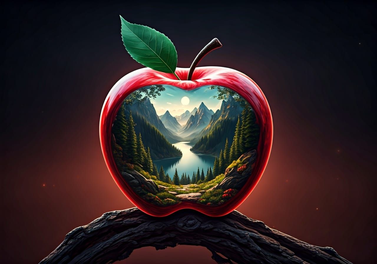 Mountains and Lake Inside Transparent Apple, 3D Art