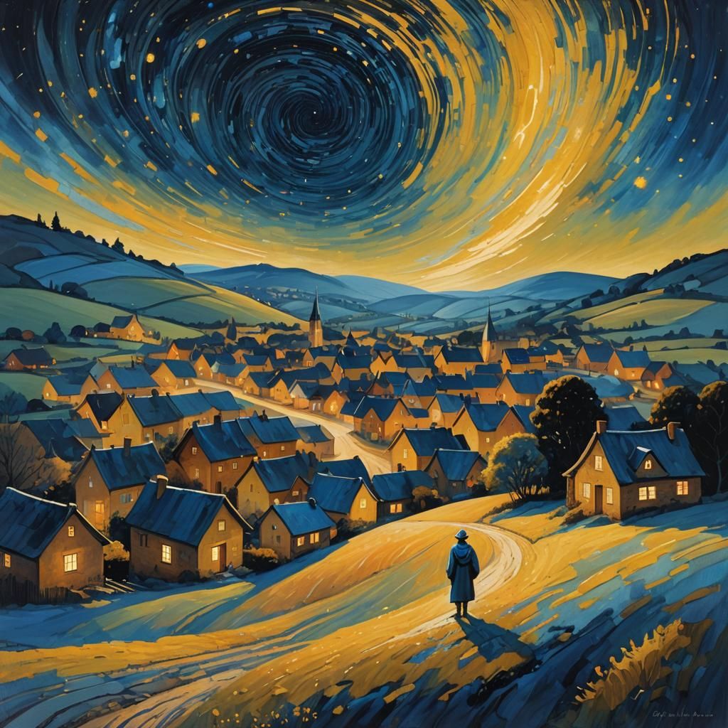 Serene Village Under Swirling Starry Night Sky