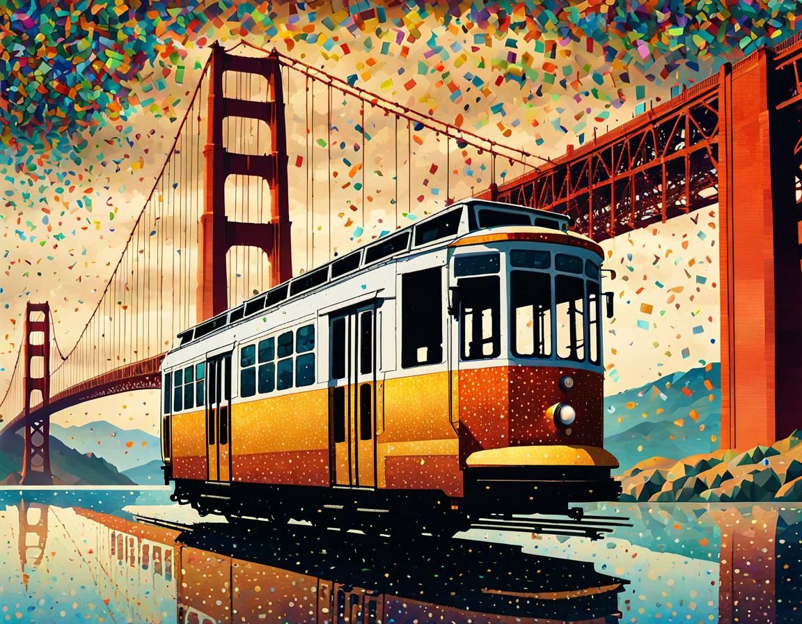 Confetti Tram Silhouette Before Golden Gate Bridge