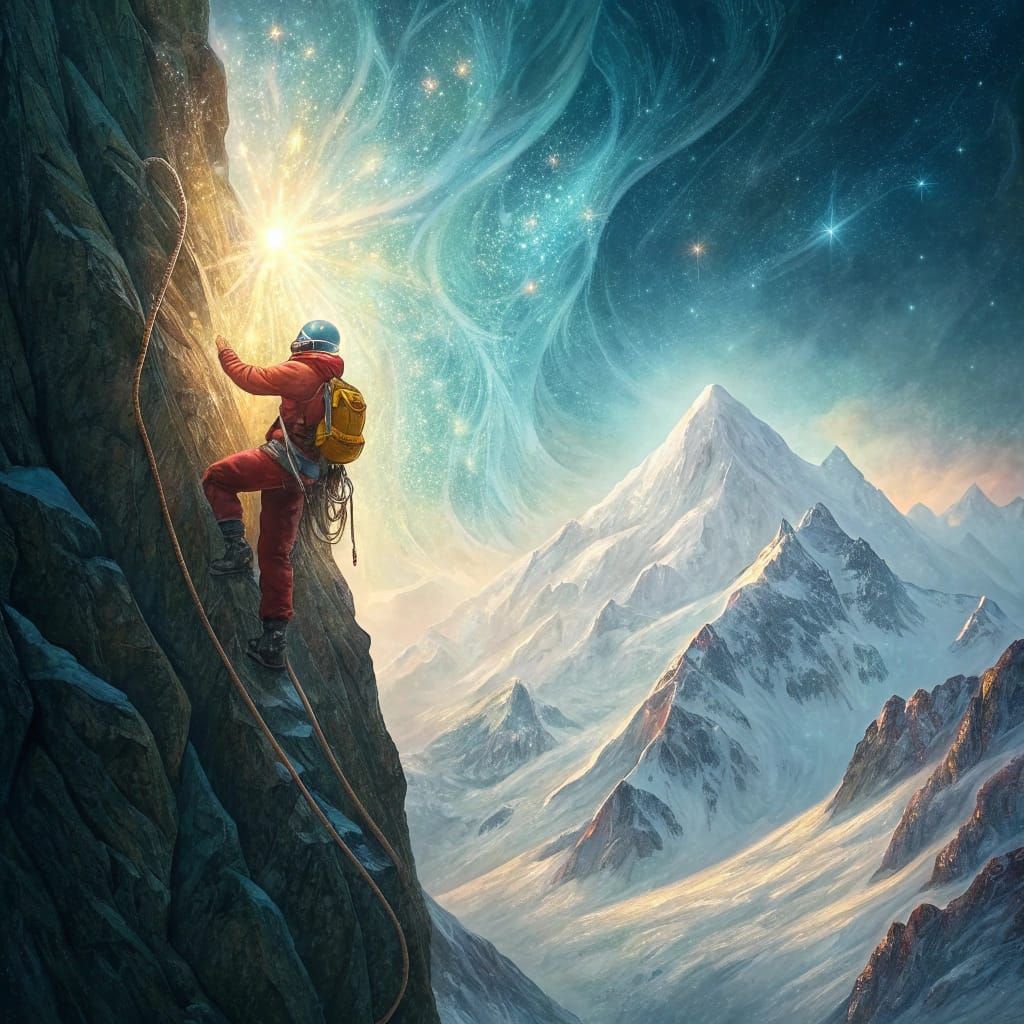 Spiritual Alpine Climb in Dreamlike Watercolor Style