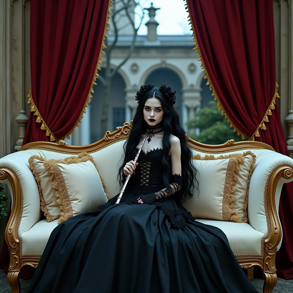 Gothic Girl Plays Flute in Moonlit Courtyard
