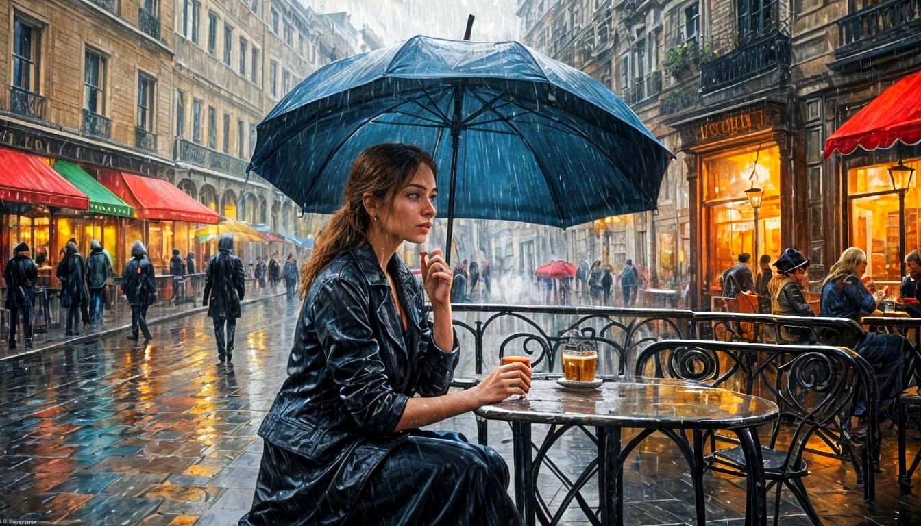 Elegant Lady on Cafe Terrace in Rain, Impressionist Oil Pain...
