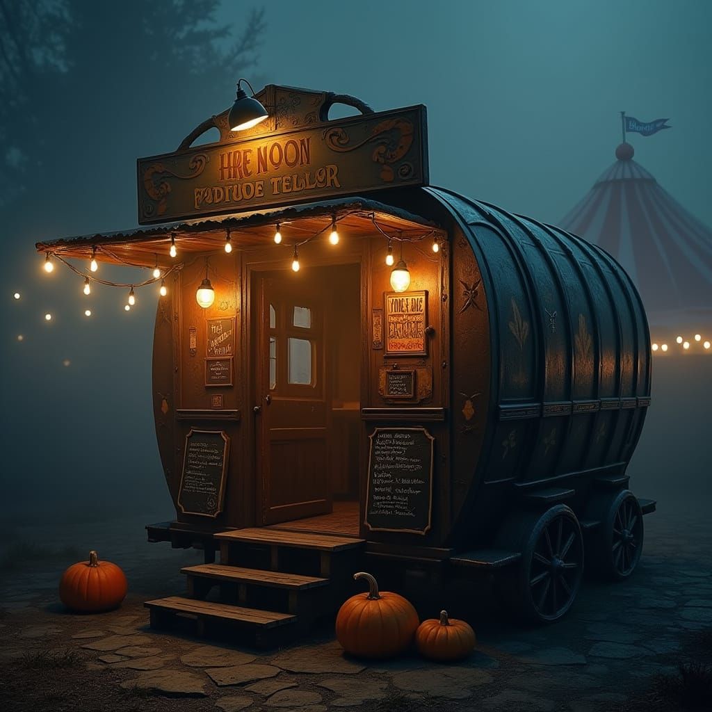 Vintage Fortune Teller Wagon Illuminated at Night