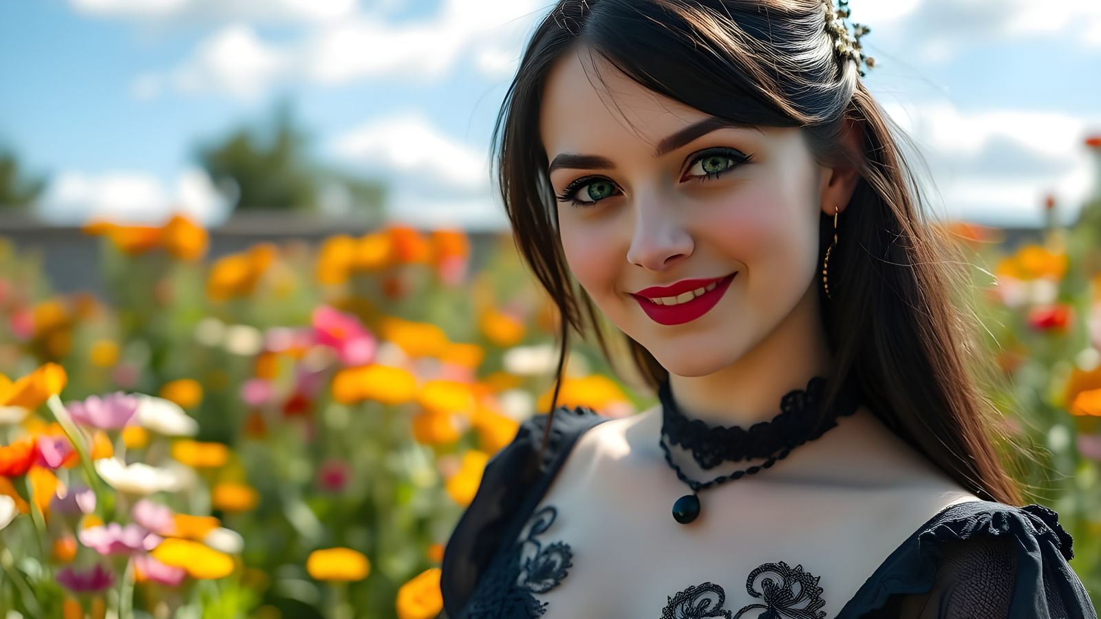 Ethereal Gothic Beauty in a Vibrant Summer Garden