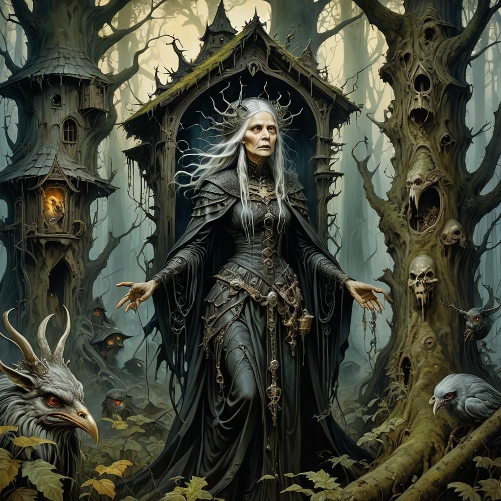 Surreal Baba Yaga Emerges from Mystical Forest in Psychedeli...