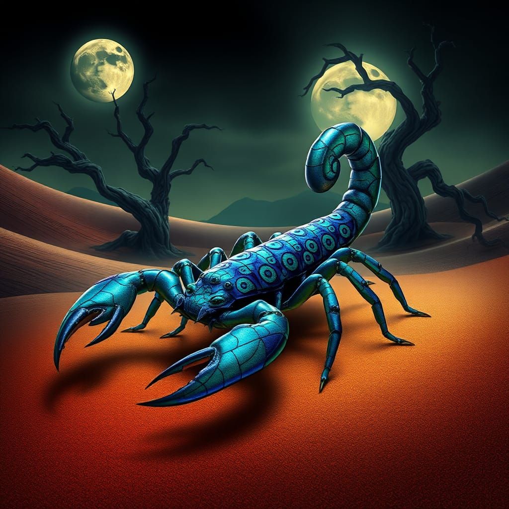 Iridescent Peacock Scorpion in Dark Fantasy Landscape