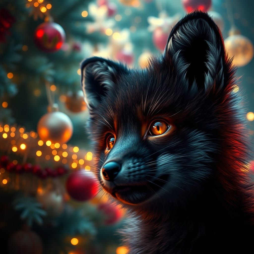 Intricate Black Fox Cub Captured in Vibrant New Year's Scene