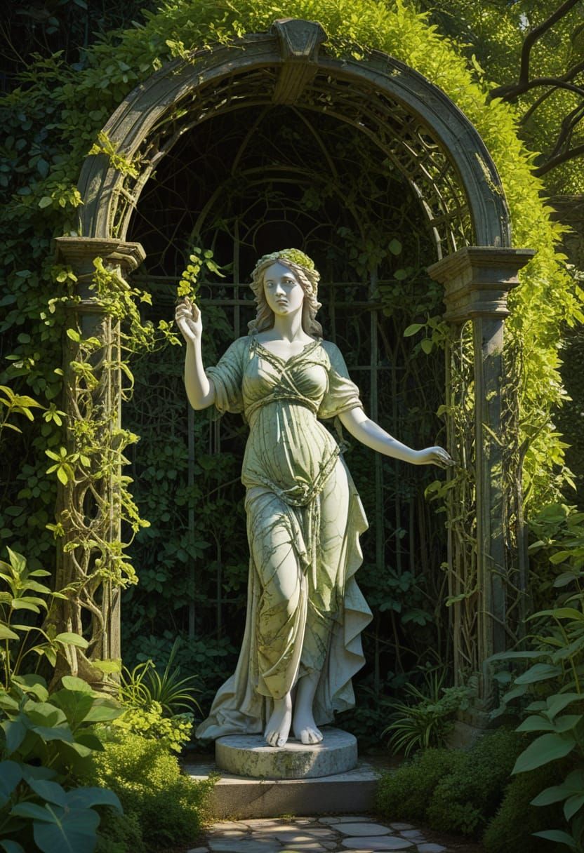 Marble Sculpture of Woman in Garden, Mossy Vines, Sunlight