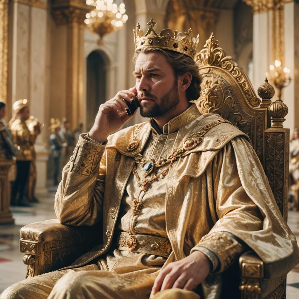 King Talking on Cell Phone in Sunlit Throne Room