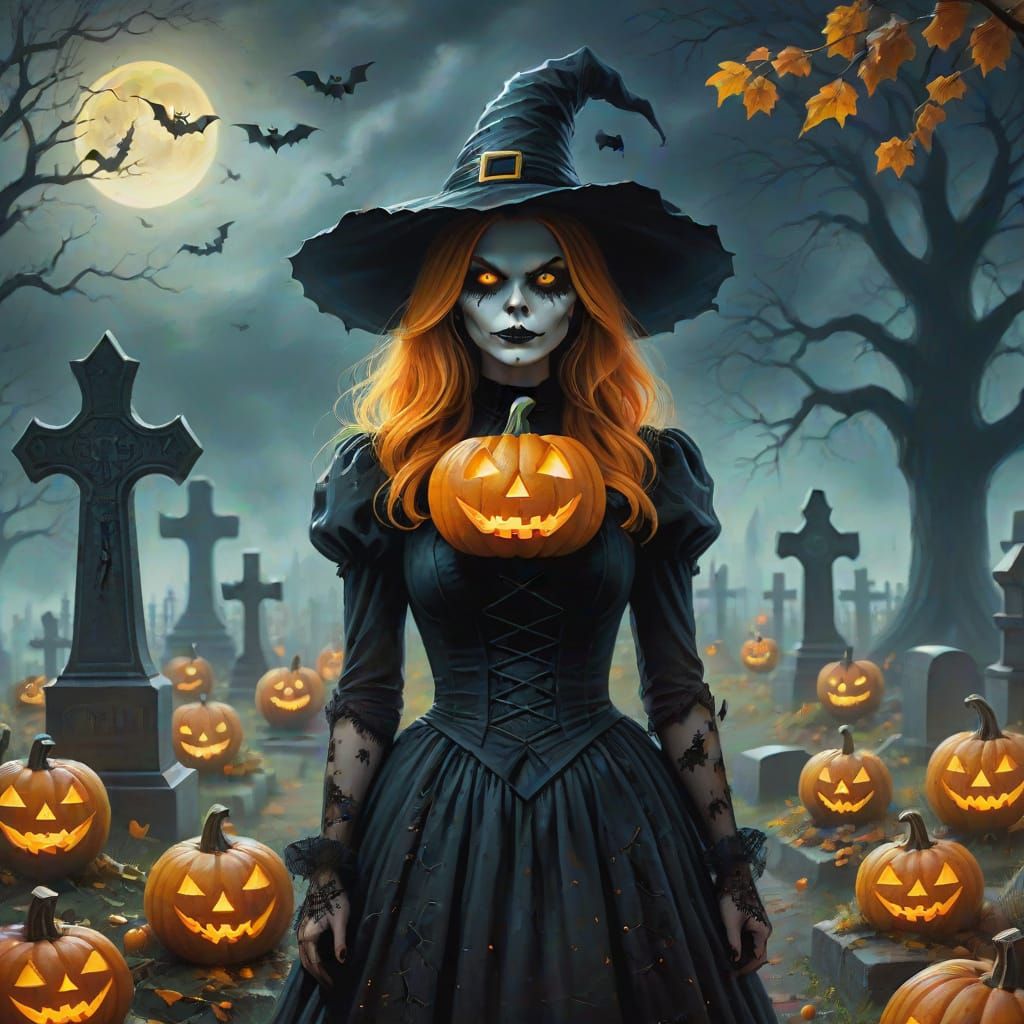 Pumpkin Witch in Mystical Cemetery: Dark Fantasy Art