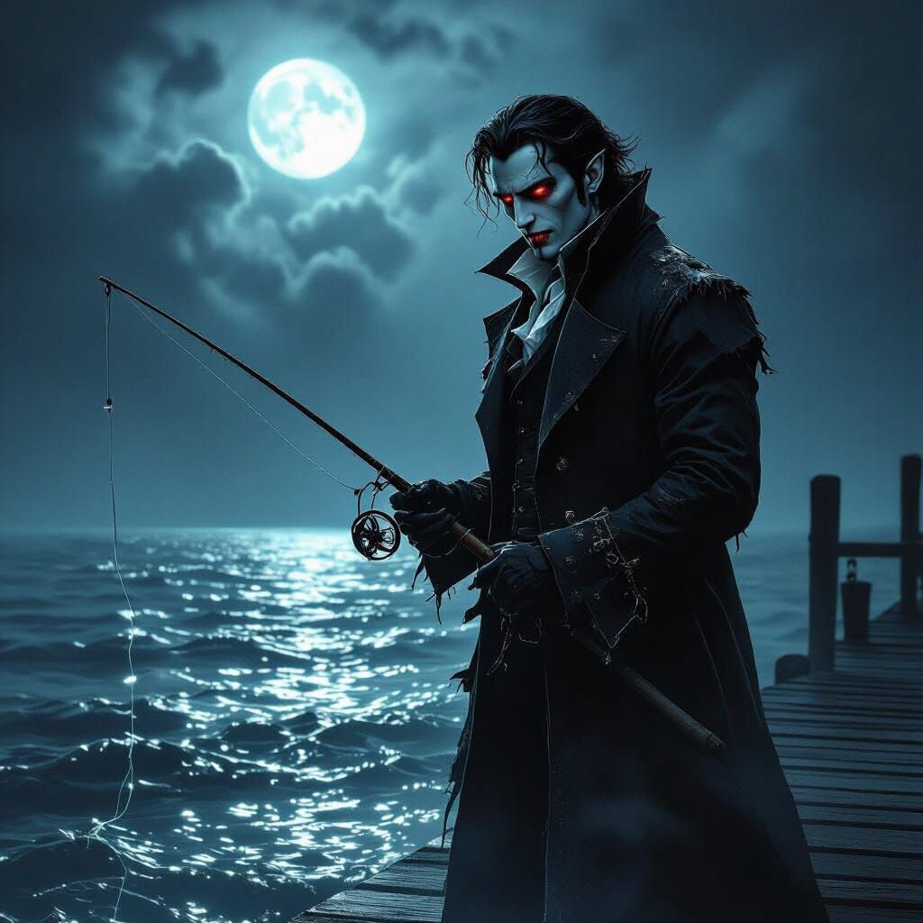 Gothic Vampire Fisherman on Misty Moonlit Pier