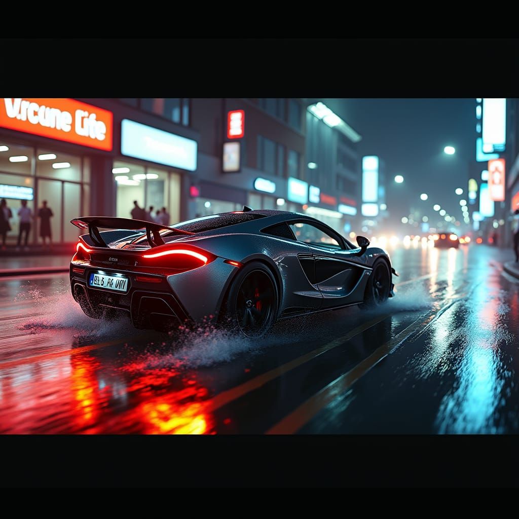 McLaren Hydroplaning Through Neon City at Night