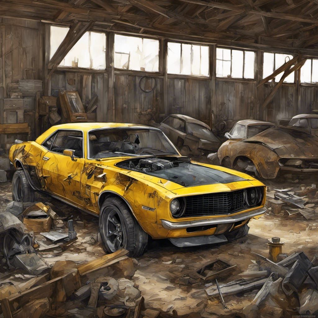 Dented Bumblebee Camaro in Abandoned Farm: Hyperrealistic