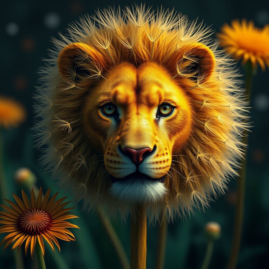Fantastical Lion Faces Emerging from Vibrant Dandelions in D...