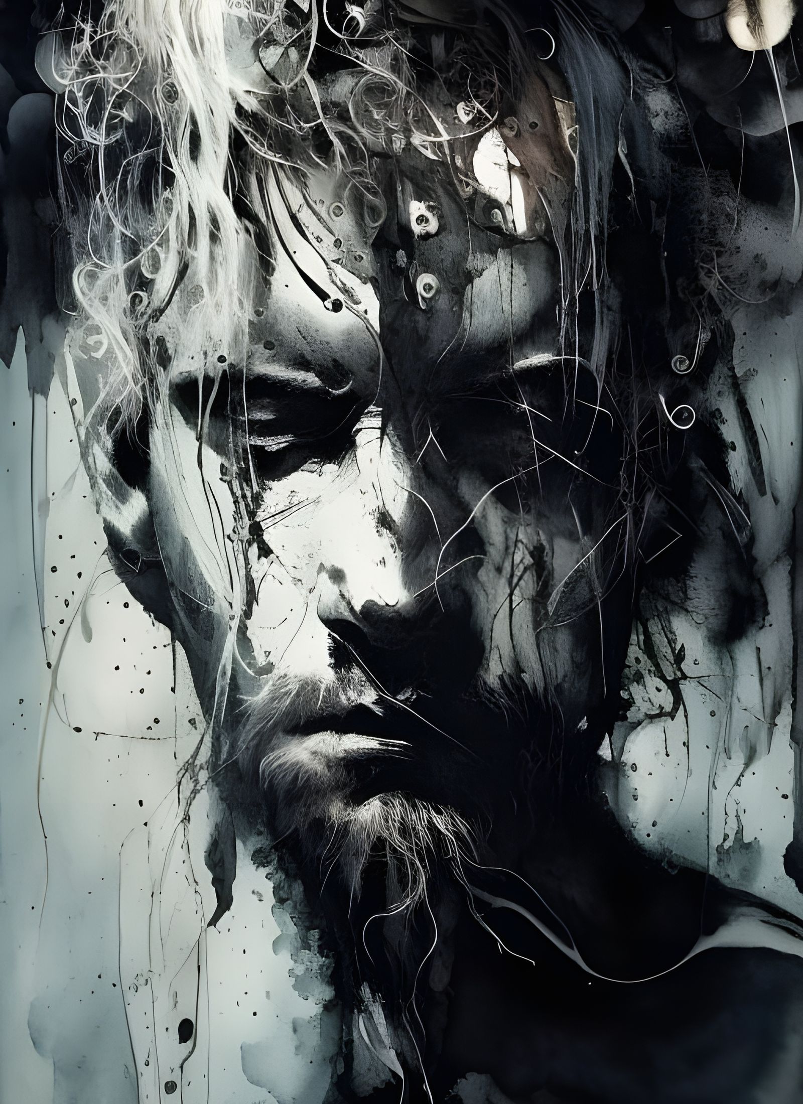 Rugged Figure in Black Ink Flow