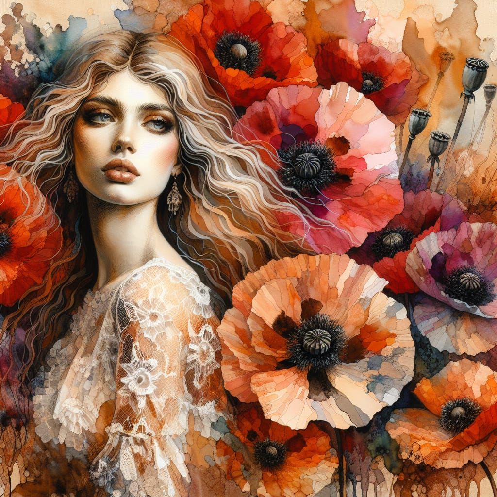 Vibrant Poppy Queen in Watercolor Style