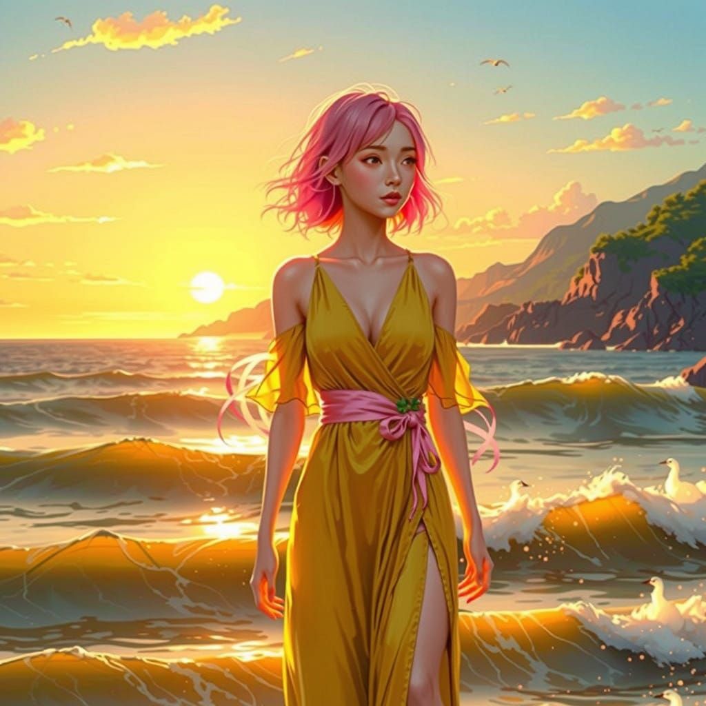 Delicate Line Art of a Pink-Haired Woman at the Sea Coast
