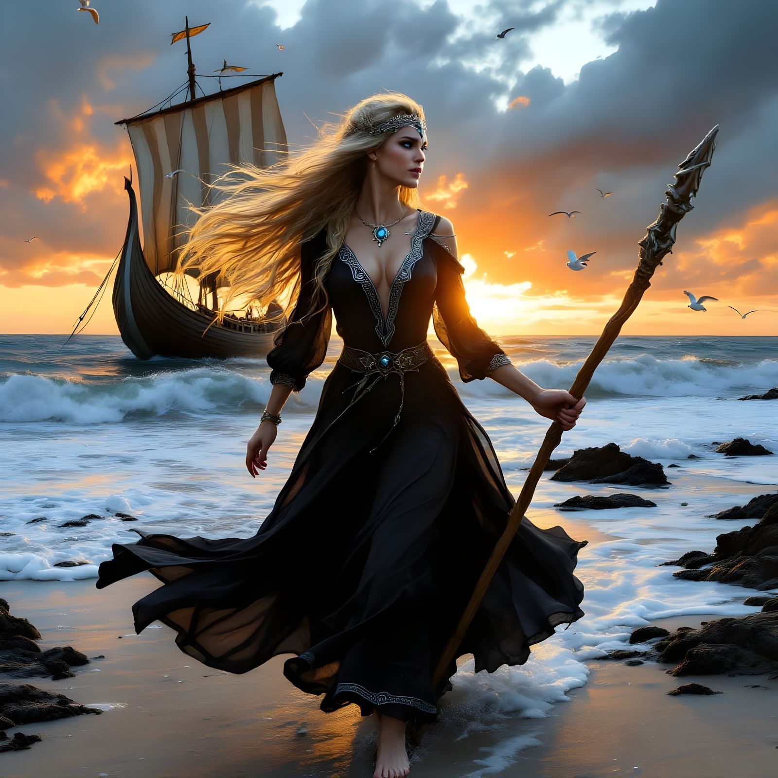 Norse Goddess of Oaths on Seashore at Sunset