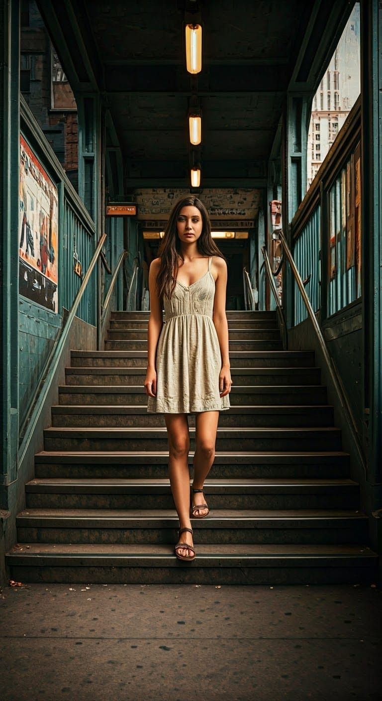Slender Woman Descends Subway Stairs in Urban Landscape