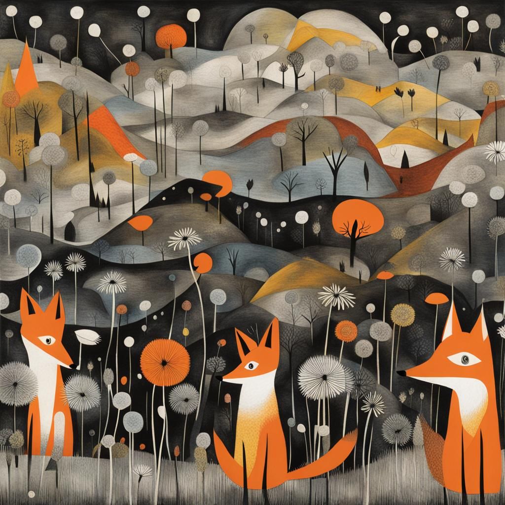Foxes in Dandelion Dreamscape: Surrealist-Cubist Drawing