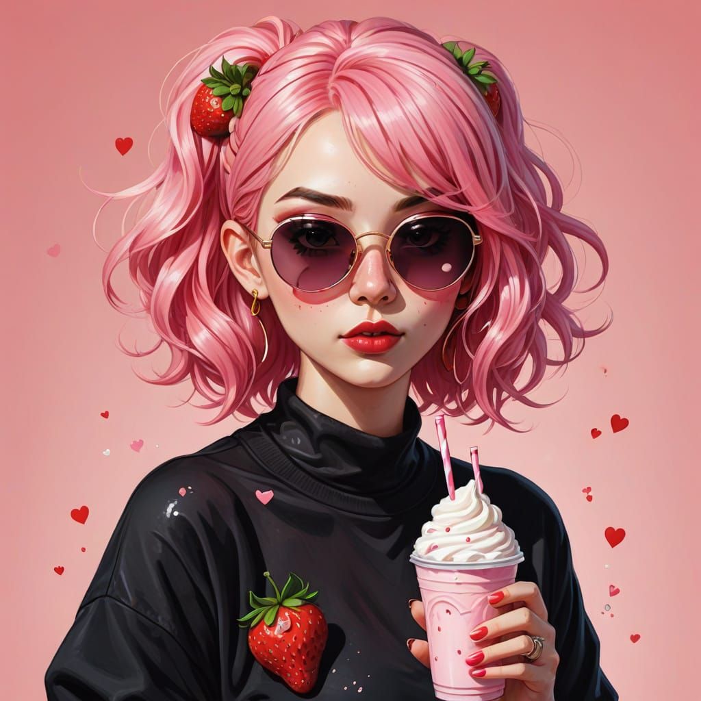 Pink Hair Girl Sips Strawberry Milkshake in Sparkly Sunglass...