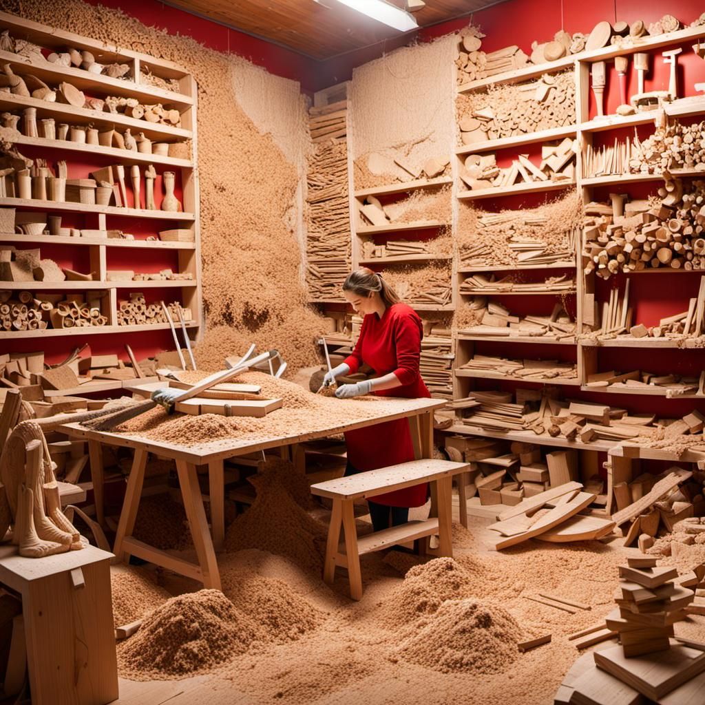 Woodworking Workshop with Crafts and a Girl in Red