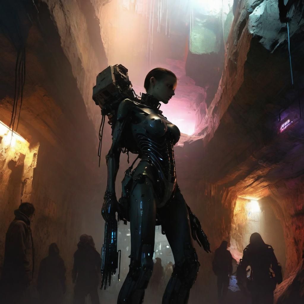 Cyber-Ghosts in Underground Cave: Photorealistic Cyberpunk