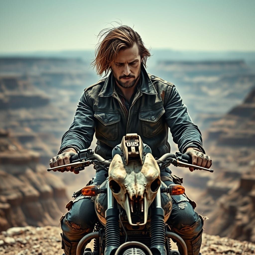 Post-Apocalyptic Motorcyclist Lost in the Wasteland