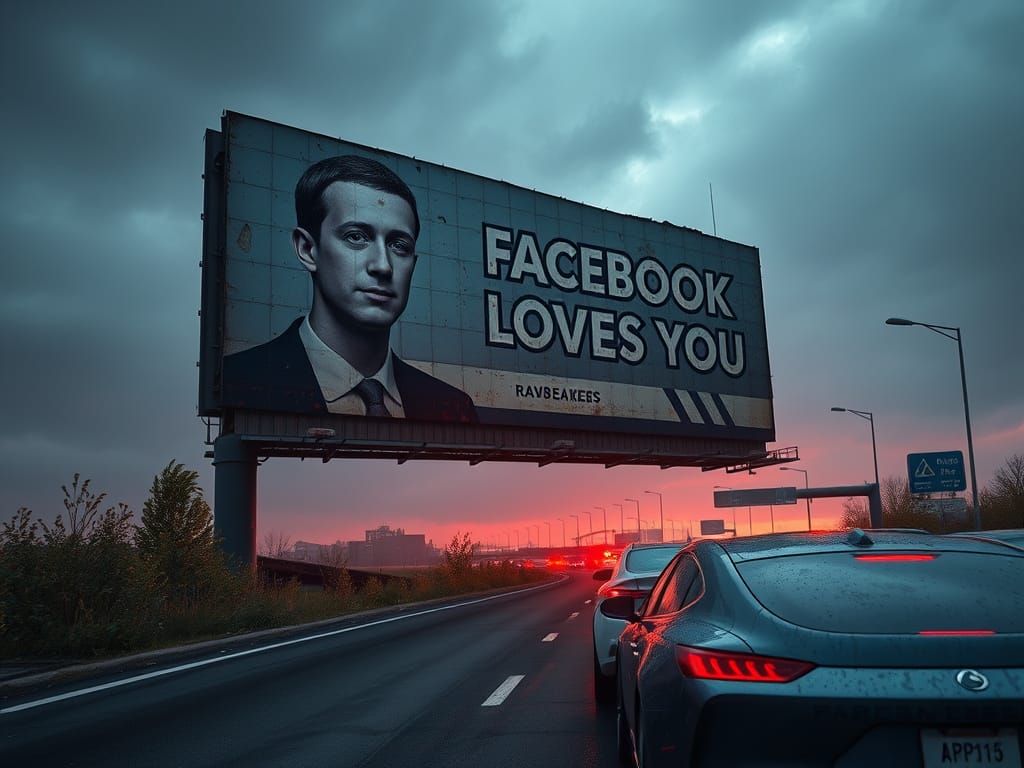 Dystopian Billboard: Zuckerberg in Dreary Future