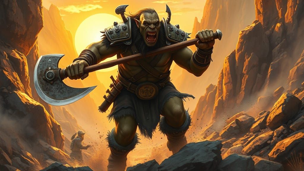 Mountain Orc Warrior Charges into Battle in Epic Fantasy Sty...
