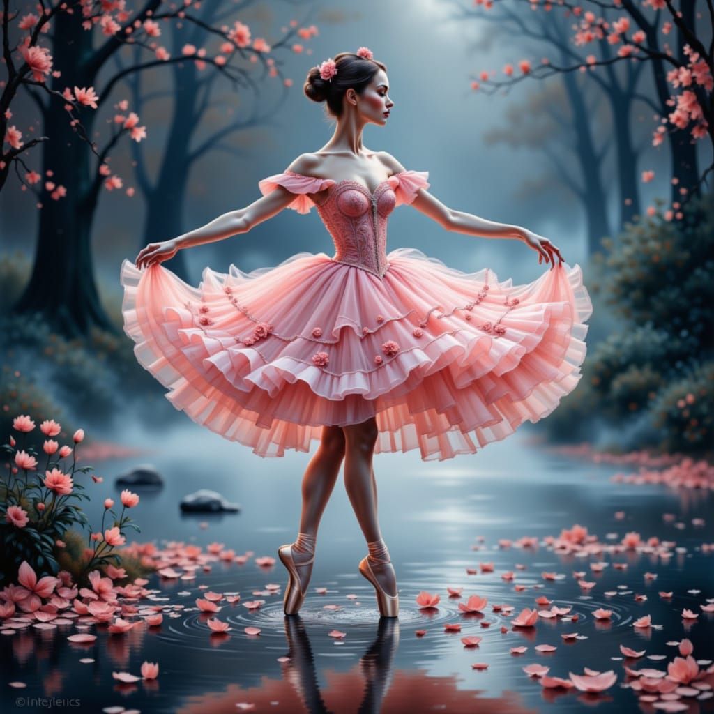 Ballerina Dancing in Moonlit Garden with Petal Dress