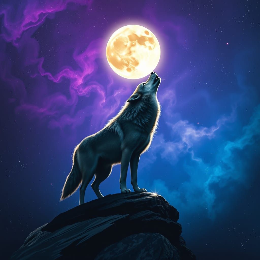 Majestic Gray Wolf Under Starry Night Sky